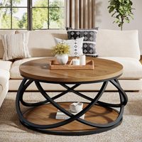 Table basse ronde à 2 niveaux Tribesigns, table centrale circulaire de 31,5 pouces, table d'appoint en grain de bois avec étagère de rangement et structure en métal croisé