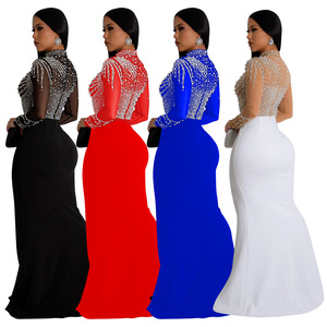 Robe de soirée à col rond et à manches longues avec fente haute pour femmes Robe de soirée de couleur unie - Product Image 2