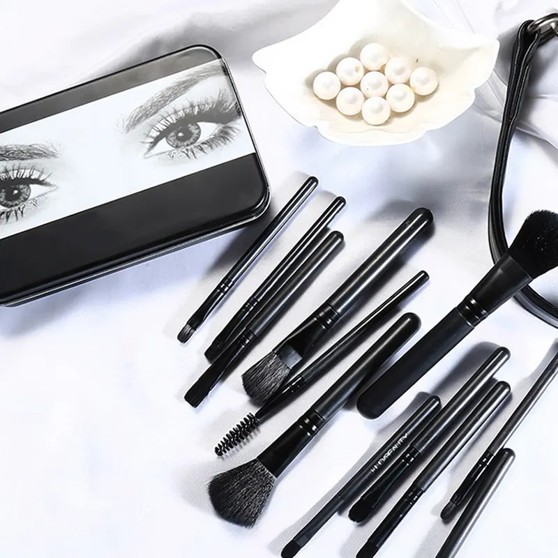 Conjunto de pincel de maquiagem, ferramenta de maquiagem com 12 pincéis pretos encaixotados para sombra de olho