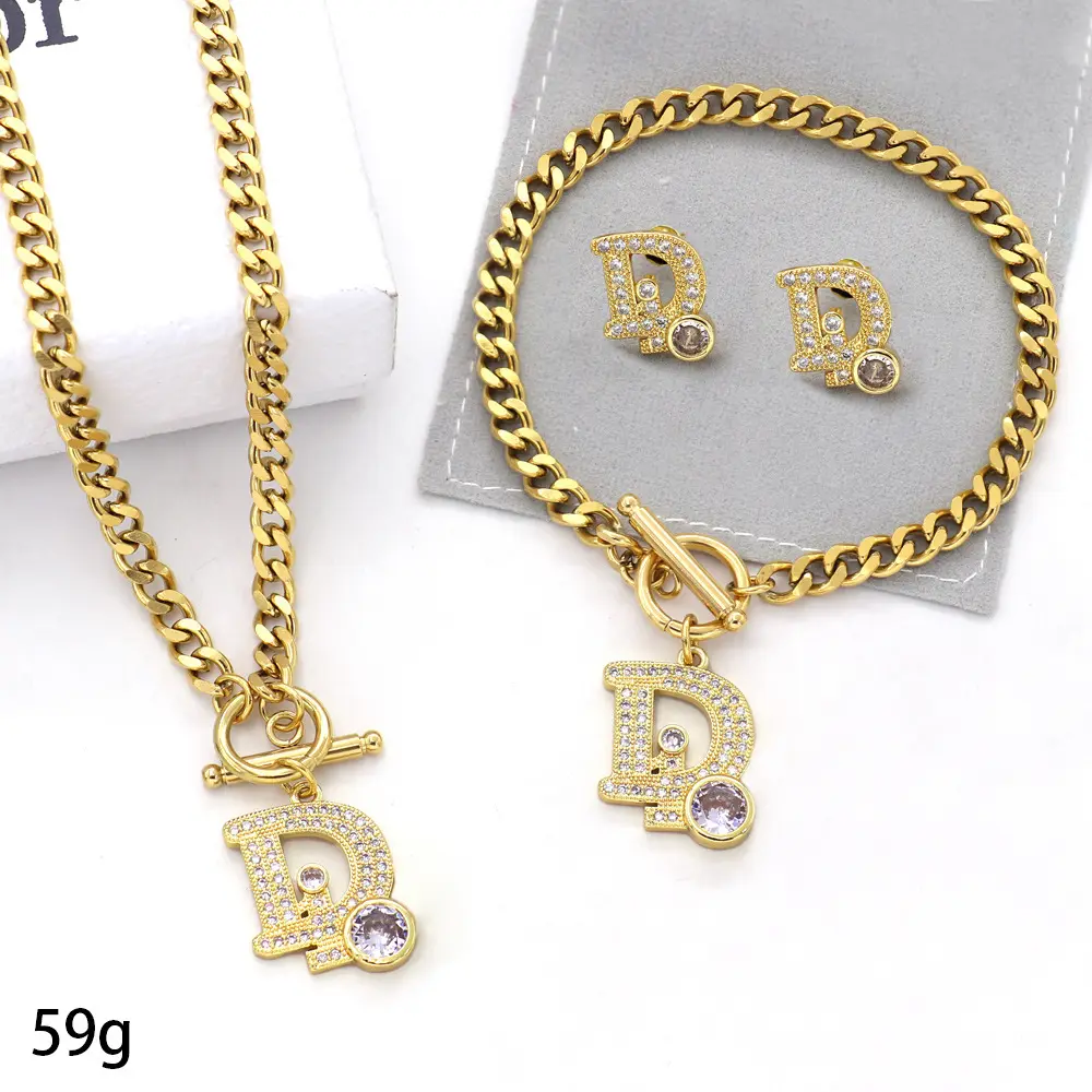 Initial Letter Toggle Clasp Cuban Chain Necklace Earrings and Bracelet Cz 18k Gold Plated Stainless Steel Jewelry Set For Women