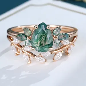 Rose Gold Plating Natural Moss Agate Jewelry 925 Sterling Silver Pear Cut Green Moss Agate Ring Set