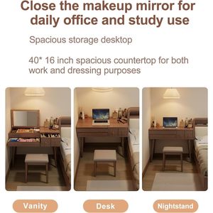 40 Inch Solid Oak Log Color Midcentury Convertible <strong>Dressing</strong> Vanity <strong>Table</strong> <strong>Set</strong> 4 Drawers LED <strong>Mirror</strong> Lights Bedroom Use SZT006 - Product Image 4