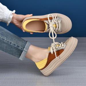 Chaussures basses tendance printemps 2025 pour femme, style rétro décontracté, à semelle épaisse/souple, en cuir de vachette colorblock, plateforme vert/kaki, talon moyen - Product Image 4