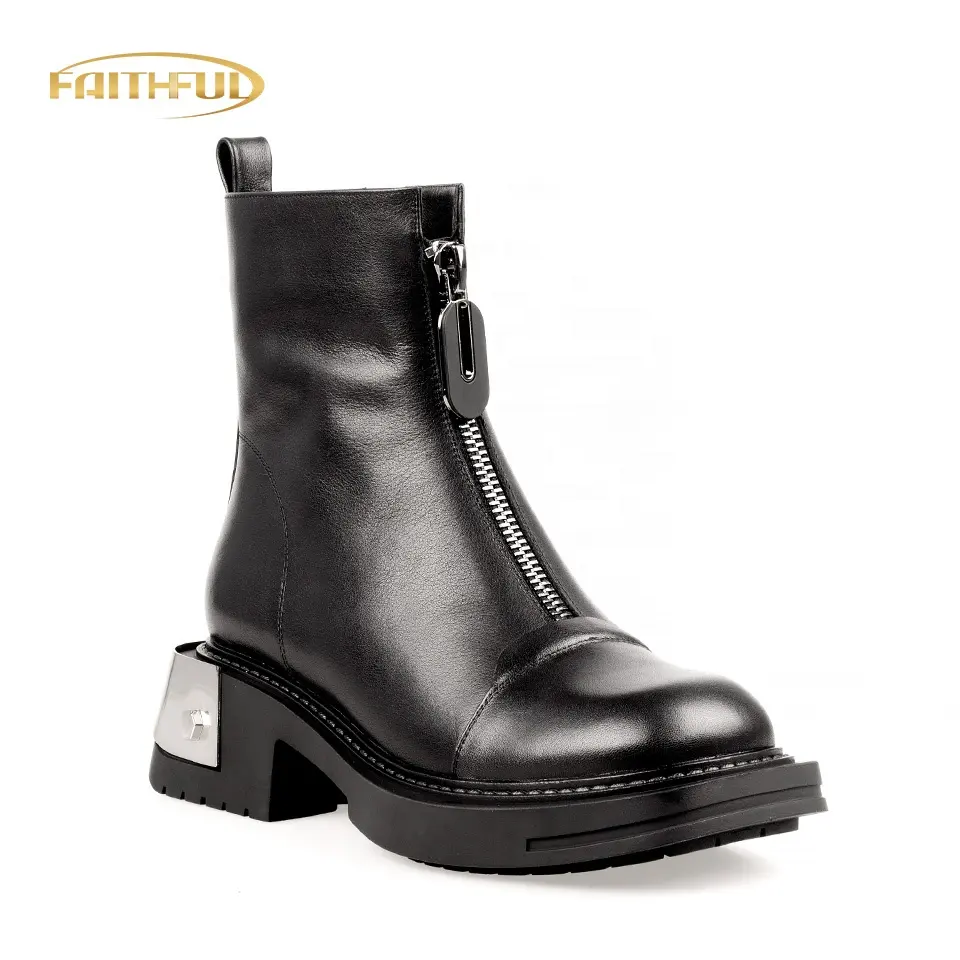 Fashion Flat Martin Boots Chelsea Boots Shoes Chunky Heel Winter for Women Black Velvet ZIP GENUINE Leather Solid Support TPR