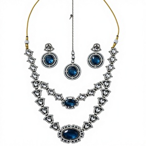 Beautiful Stunning Vintage Cubic Zircon Crystal Oval Shape <b>Kundan</b> Studded Dangle Antique Gold Plated Wedding Party <b>Jewelry</b> Set - Product Image 1