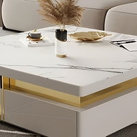 Table basse carrée moderne de luxe en pierre frittée avec piètement en acier inoxydable doré, tables de salon avec rangement pour le thé
