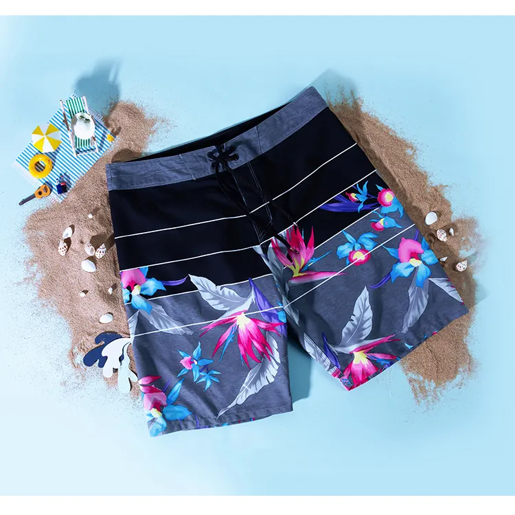 OEM Floral Printing Surfing Shorts Drawstring Waist Men's Waterproof Summer Shorts No Sideseam Holiday Beach Shorts Plus Size