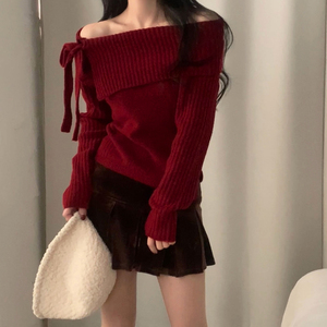 Suéter de Punto con Hombros Descubiertos para Mujer, Top de Punto con Lazo, Color Sólido, Ajustado, Suave, para Navidad, Año Nuevo, Ropa de Punto Festiva - Product Image 4