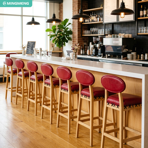 Commercial Vintage Bar Chair Natural Wood Frame Red Leather Padded Seat <b>Back</b> High <b>Stool</b> For Coffee Shop Home Bar Counter - Product Image 1