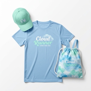 Ensemble de sport écologique en polyester tricoté imprimé pour marathon, comprenant un T-<span class=keywords><strong>shirt</strong></span> à séchage rapide, une casquette de baseball et un sac à dos à cordon de serrage, pour usage quotidien - Product Image 1