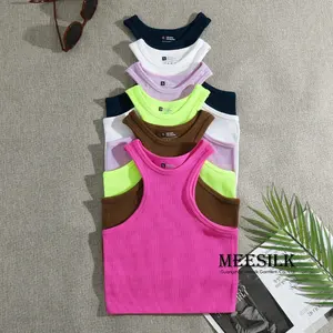 Mùa Hè Tùy Chỉnh Người Phụ Nữ Giản Dị Cao Cổ Gân Đan Racerback Đen Áo Sơ Mi Crop Tank Top Cho Phụ Nữ