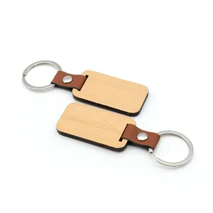 Custom Blank Leather Keychain Rectangular Beech Wood Keyring for Promotional Gift