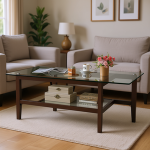 Rectangular 2-Tier <b>Glass</b> <b>Coffee</b> <b>Table</b> <b>With</b> <b>Storage</b> Shelf Modern Living Room Furniture Brown Wood Frame 42-Inch - Product Image 2