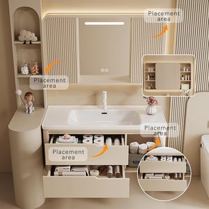 <span class=keywords><strong>Mobile</strong></span> <span class=keywords><strong>Bagno</strong></span> Sospeso Stile Crema con 2 Cassetti, Lavabo Integrato in Ceramica e Specchio Smart LED Antiappannamento - Product Image 3