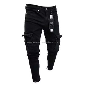 Pantalones Vaqueros Cargo Ajustados para Hombre, Estilo Motero, con Bolsillos, Elásticos, <span class=keywords><strong>Negros</strong></span>, para Trabajo, Nueva Moda - Product Image 3