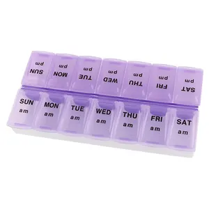 Hap kutusu 7 gün plastik ilaç organizatör 14 bölmesi dağıtıcı haftalık AM PM hap kutusu