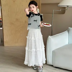 2024 Children Girls 3 pcs Outfit Set Black Short Shirt + Next Top + White Long Ruffle Skirt Teenager Summer Set