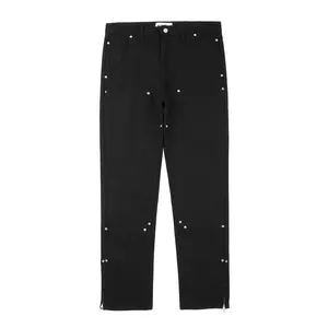 New Style Denim Pants Double Knee Rivet Black Jeans Men with Zip Cuff