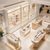 Présentoir à maquillage avec cadre blanc et or, étagères en verre, signalisation LED, base verrouillable, kiosque d'exposition de cosmétiques, CE ETL pour salon de beauté