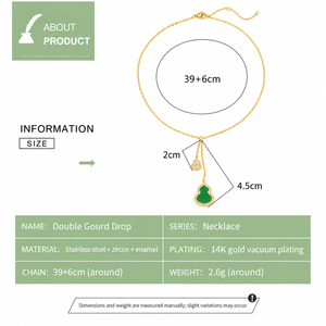Collier pendentif gourde en émail vert, acier inoxydable, zircon, plaqué or 14K sous vide, chaîne réglable 39+6 cm - Product Image 3