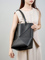 Sac fourre-tout haut de gamme en cuir véritable, grande capacité, à bandoulière, pliable, avec dessus ouvert, en polyester, motif géométrique déformable