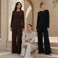 Loriya Abaya Wanita Muslim, Gaun Abaya Wanita Muslim Gaya Dubai, Set Abaya Jersey Lembut dengan Ikat Samping, Tunik, Celana Kaki Lebar, Athleisure