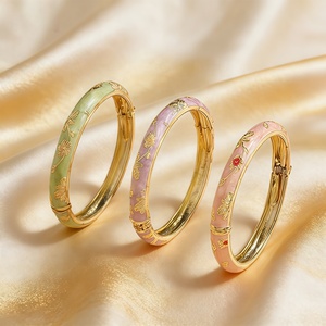 Fashion Chinese Style Travel Gift Color Drop Spring Open <b>Bracelet</b> Peony Cloisonne Ladies Vintage Enamel Bangles for Gift Party - Product Image 1