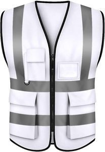 Gilet de sécurité professionnel blanc haute visibilité en maille polyester respirante avec bandes réfléchissantes et fermeture auto-agrippante - Product Image 2