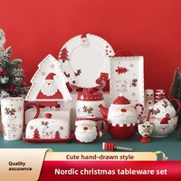 Service de table en porcelaine peinte à la main, style nordique minimaliste de Noël, assiette à steak mignonne, assiette plate à couleur sous-glaçure en relief, scellée