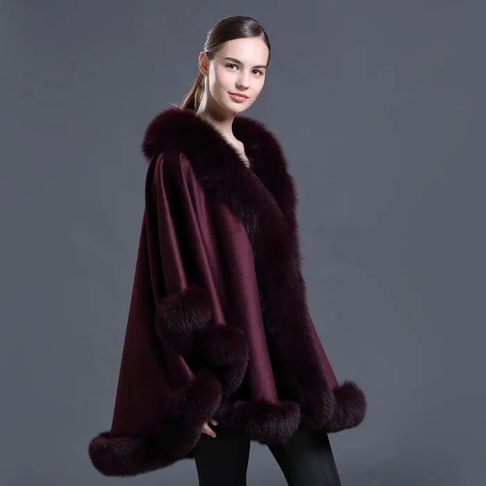 CX-B-P-67C 2019 ขายส่งผ้าขนสัตว์ชนิดหนึ่ง Poncho แท้ Fox FUR Trim ขนสัตว์ผ้าคลุมไหล่ Cape