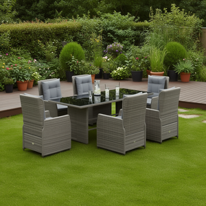 Dining Set Garden <b>Grey</b> PE Rattan 6 Seater Powder Coated Steel <b>Frame</b> Tempered Glass Top Contemporary Outdoor Furniture - Product Image 2