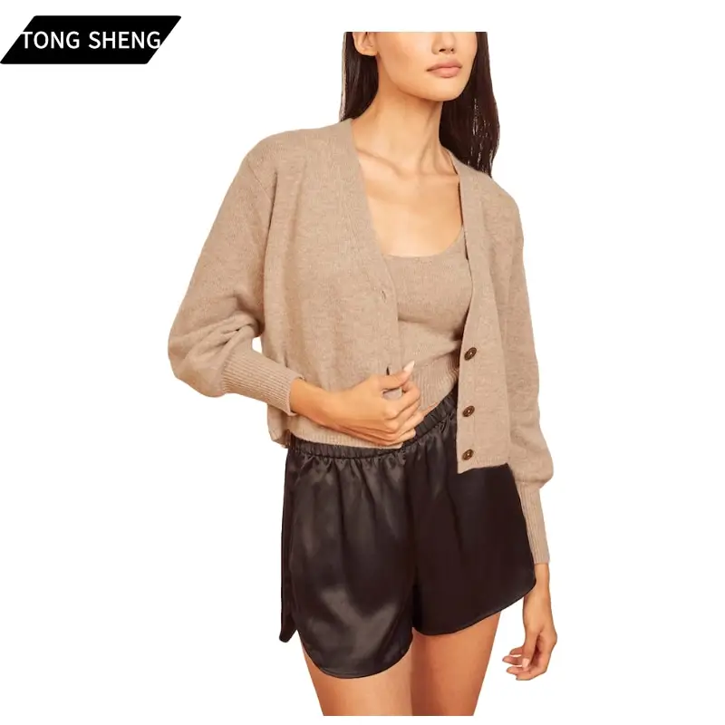 Sweater Kasmir Set Kembar Wol Merino 100% Khusus Kardigan Selempang Kasmir Murni Rajutan Tank dan Kardigan