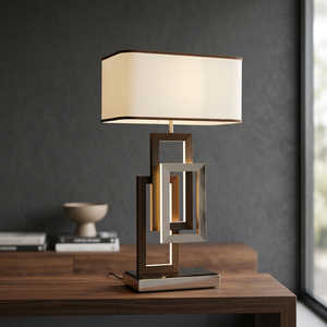 Contemporary Metal Table Lamp with Off-White Fabric Rectangular <b>Shade</b> for Living Room Decorative <b>Lighting</b> 3000K Warm White LED - Product Image 2