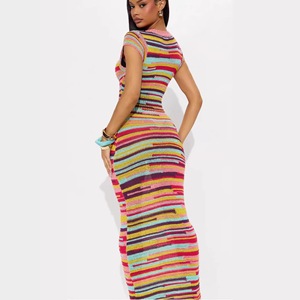 Nuovo Abito Estivo Elasticizzato Stampato in Maglia per Donna, <span class=keywords><strong>Vestito</strong></span> <span class=keywords><strong>Lungo</strong></span> Aderente con Schiena Scoperta e Collo all'Americana - Product Image 5