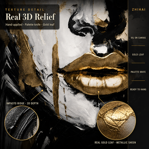 Cuadro Decorativo de Pared con Retrato de Mujer Glamurosa en Negro y Dorado con Labios en Lámina de Oro Hecho a Mano para Sala de Estar o Bar - Product Image 3