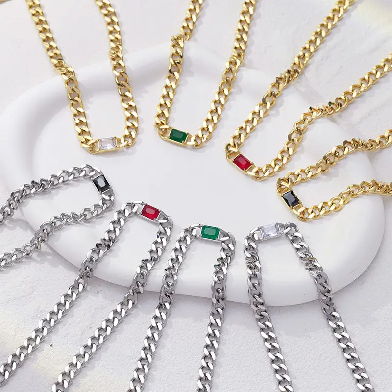 18K Gold Plating Stainless Steel Cuban Chain Necklace Hip Hops Multi Colors Square Shape Cubic Zirconia Cuban Chains for Couples