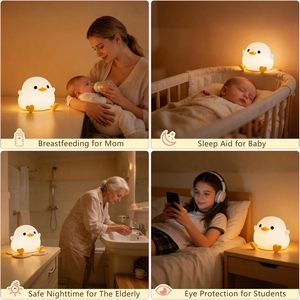 Duck Night Light Silicone Dimmable <b>Bedside</b> Lamp With Timer For Baby Nursery Warm <b>White</b> Led Light Tap Control USB Powered - Product Image 6