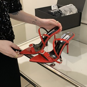 2023 Women's Red Gladiators Sexy Crystal Buckle Ankle Strap Open Toe Thin Flat High Sandals for Summer Party Stripper <b>Shoes</b> - Product Image 2