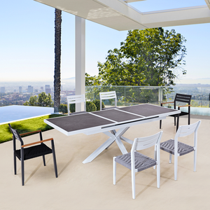 Moderne Blanc <span class=keywords><strong>Extensible</strong></span> Patio Restaurant Table 6 Places Chaises <span class=keywords><strong>Jardin</strong></span> Extérieur 7 Pièces En <span class=keywords><strong>Aluminium</strong></span> Corde À Manger Ensembles - Product Image 1