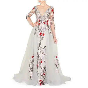 Fashion Custom Fall Casual Chiffon Maxi Avondjurken Vrouwen Dames Elegante Bloemen Geborduurde Lange Mouwen Kelderen Hals Gown