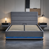 Lit de chambre avec cadre rembourré à vérin à gaz, éclairage LED, compartiment de rangement sous le lit, tête de lit capitonnée à 3 panneaux