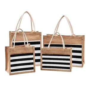 Customized Black White Striped Jute Tote Reusable Grocery Shopping Bag Sisal Beach Bag Wedding Party Gift Bags