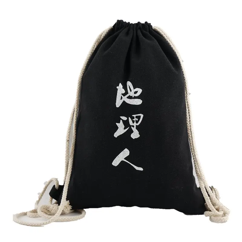 Black canvas backpack with logo printing  canvas drawstring backpack wholesale custom print