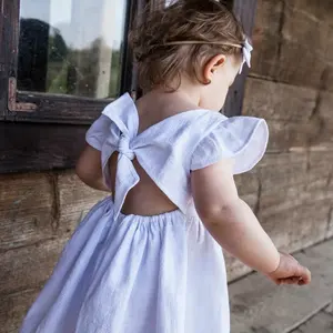 Baju anak perempuan katun Linen musim panas kustom gaun anak perempuan warna Solid gaun putri berbulu dengan pita