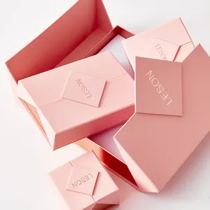 Porte en papier de luxe personnalisé rose à double ouverture avec rabat Boîte d'emballage pliable à fermeture magnétique pour bijoux Boîte cadeau