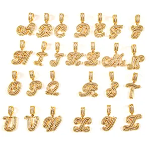 hiphop jewelry gold single bold cursive cz baguette 26 capital alphabet english a-z initial letter charms chain necklace