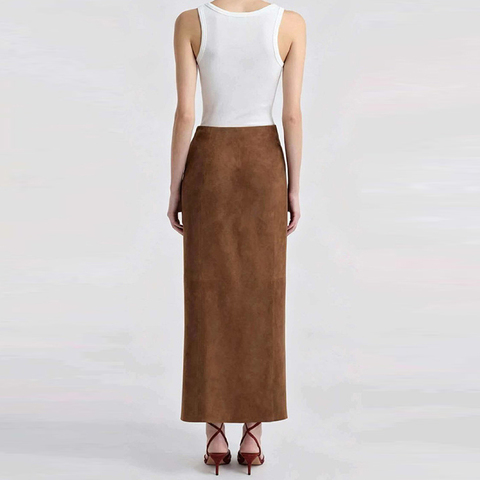 HN6358 Light Coffee Suede Sheepskin Long Dress Split Design Elegant Casual Maxi Skirt