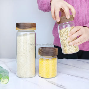 Étiquettes personnalisées  Pot en verre rond transparent <span class=keywords><strong>de</strong></span> 350 ml/500 ml/850 ml avec couvercle en bois pour le stockage des épices et des aliments, y compris le miel et la confiture - Product Image 1