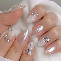 Faux ongles en gel solide, style classique Old Money, finition chrome pailleté, forme amande carrée, French, brillants, avec colle, nouvelle arrivée