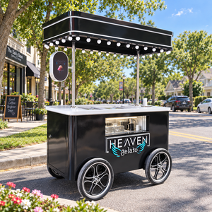 Black 4 Wheel Ice Cream Push Cart Mobile Food Vendor Stand with Canopy Lights Outdoor Street Cart - Product Image 1